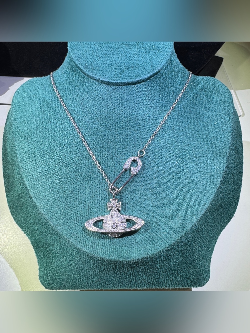 CZ Orb Pendant Necklace with Safety Pin Detail – Stainless Steel Chain